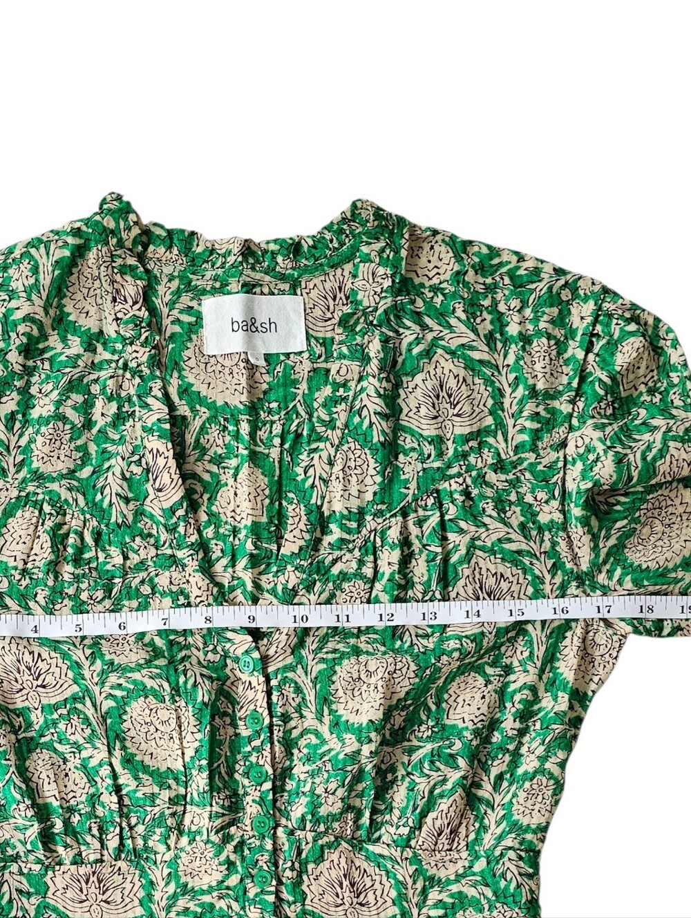 ba&sh Paz Green Tan Floral Garden Print Lady Dress Half Sleeve Mini Dress size 0 - Picture 15 of 16